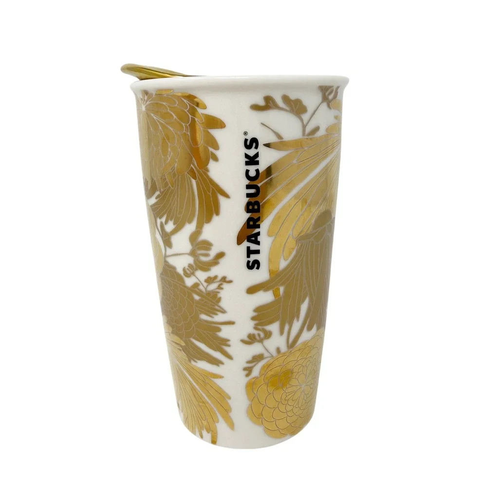 Starbucks 2014 Ceramic Beetle Flower‎ Traveler Dot Collection with Gold Lid